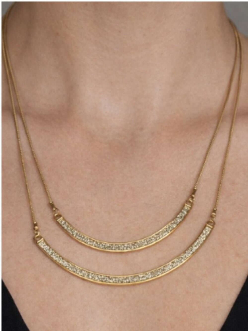 Gold Layered Necklace Double Strand Curved Bar Rhinestone Minimalist